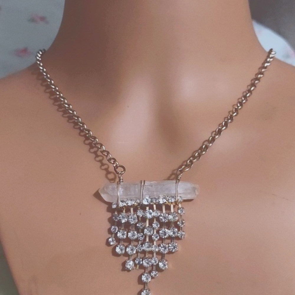Handcrafted Crystal fringe rhinestone Rolo Brass chain Link long Boho Necklace